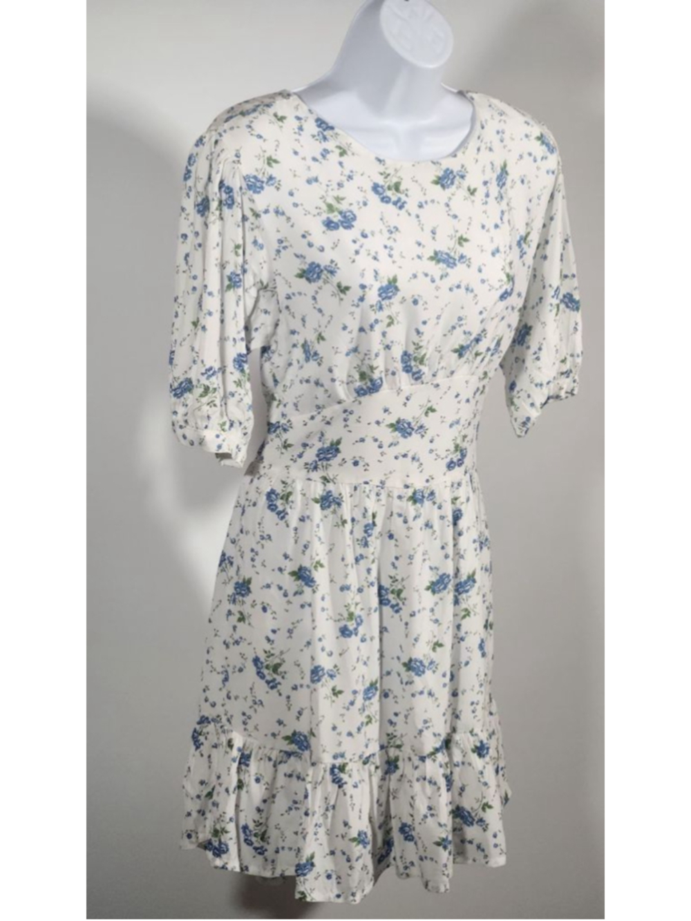 Faithfull The Brand Floral Mini Dress M 6 White Blue Puff Sleeve Lined NWOT⁸ - Picture 5 of 8